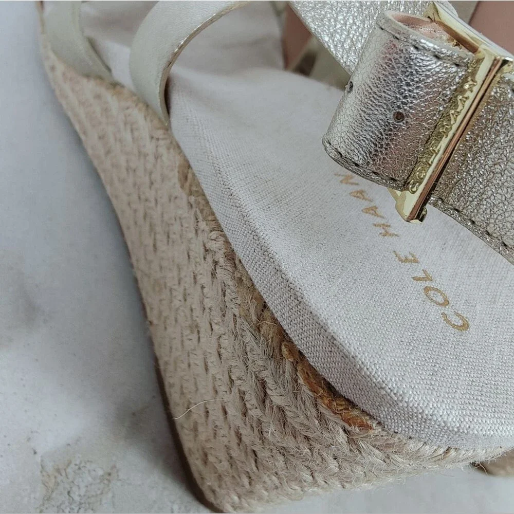Cole Haan Crystal Wedge Metallic White Gold Leather Espadrille Sandals, Sz 10.5